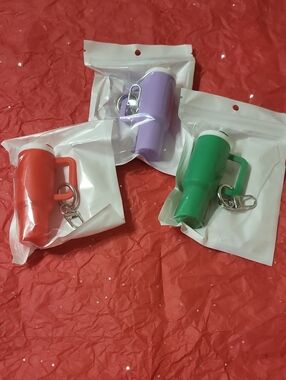 Mini Tumbler Keychain Trio - Red, Purple, Green, They Open Up